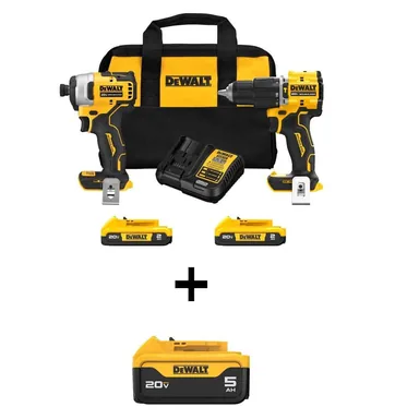 DeWalt DCK226D2WDCB205, bundle: Atomic 20-Volt Maximum Lithium-Ion Cordless 2-Tool Combo Kit with Two 2.0Ah and One 5.0Ah Batteries Charger and Bag