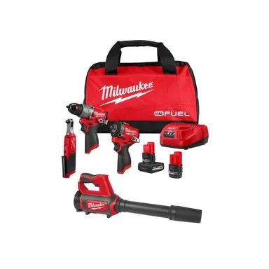 Milwaukee 3424-23-0852-20, bundle: M12 FUEL 12V Lithium-Ion Cordless Drill Driver, Impact Wrench, and Ratchet Combo Kit w/Batteries, Charger, &Spot Blower