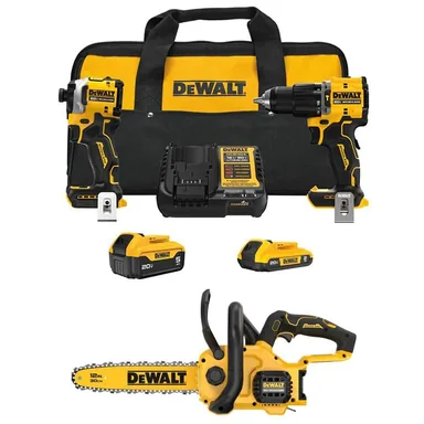 DeWalt DCK200D1P1W621B, bundle: ATOMIC 20V MAX Lithium-Ion Cordless 2-Tool Combo Kit and 12 in. Cordless Chainsaw w/ 5Ah & 2Ah Batteries, Charger & Bag