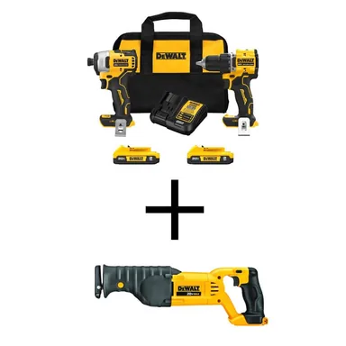 DeWalt DCK225D2WCS380B, bundle: ATOMIC 20-Volt MAX Lithium-Ion Cordless Combo Kit (2-Tool) and Reciprocating Saw with (2) 2Ah Batteries, Charger and Bag