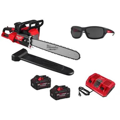 Milwaukee 2827-22-48-73-2025, bundle: M18 FUEL 18V Brushless Cordless 20 in. Dual Battery Chainsaw Kit w/ (2) 8.0 Ah FORGE Batteries, Safety Glasses, Charger