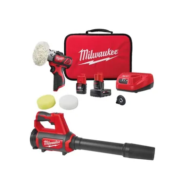 Milwaukee 2438-22X-0852-20, bundle: M12 12V Lithium-Ion Cordless Variable Speed Polisher/Sander Kit W/(2) M12 Batteries, Accessories, Charger, Bag, & Blower