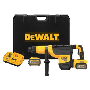 DeWalt DCH775X2, kit: 60V FLEXVOLT Lithium-Ion Cordless Brushless 2 in. SDS MAX Rotary Hammer Kit, (2) 9.0Ah Batteries, Charger and Kit Box (photograph from the Home Depot listing)