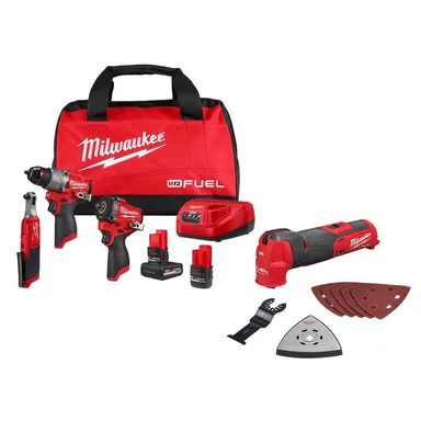 Milwaukee 3424-23-2526-20, bundle: M12 FUEL 12V Lithium-Ion Cordless Drill Driver, Impact Wrench, and Ratchet Combo Kit w/Batteries, Chargers & Bag