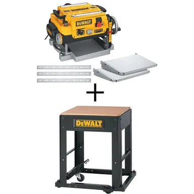 DeWalt DW735XW7350, bundle: 15 Amp 13 in. Corded Heavy-Duty Thickness Planer, (3) Knives, In/Out Feed Tables, and Mobile Thickness Planer Stand