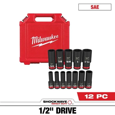Milwaukee 49-66-7011, accessory: SHOCKWAVE 1/2 in. Drive SAE Deep Well Impact Socket Set (12-Piece)