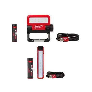 Milwaukee 2114-21-2112-21, bundle: 550 Lumens LED Rechargeable Pivoting Flood Light & 445 Lumens LED Rover Rechargeable Pocket Flood Light (2-Pack) (photograph from the Home Depot listing)