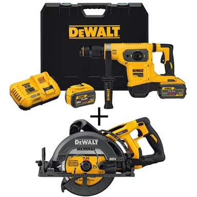 DeWalt DCH481X2W577B, bundle: FLEXVOLT 60V MAX Lithium-Ion 1-9/16 in. Cordless Brushless Combination Rotary Hammer and Wormdrive Circular Saw