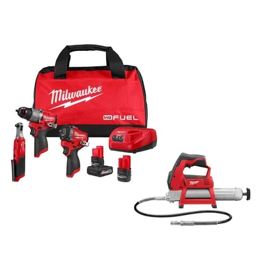 Milwaukee 3424-23-2446-20, bundle: M12 FUEL 12V Lithium-Ion Cordless Drill Driver, Impact Wrench, and Ratchet Combo Kit (4-Tool) w/Batteries, Charger & Bag