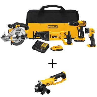 DeWalt DCK423D2W412, bundle: 20V MAX Lithium-Ion Cordless 4 Tool Combo Kit, 20V MAX Cordless 4.5-5 in. Grinder, (2) 20V 2.0Ah Batteries, and Charger