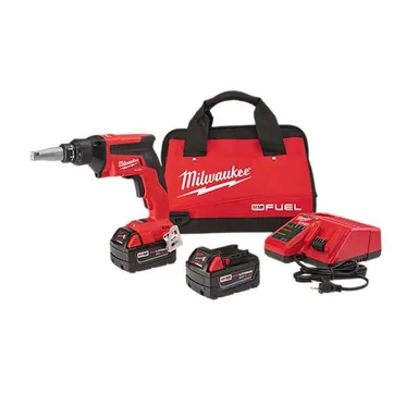 Milwaukee 2866-22, kit: M18 FUEL 18V Lithium-Ion Brushless Cordless Drywall Screw Gun Kit with (2) 5.0Ah Batteries, Charger and Tool Bag (photograph from the Home Depot listing)