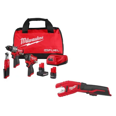 Milwaukee 3424-23-2471-20, bundle: M12 FUEL 12V Lithium-Ion Cordless Drill Driver, Impact Wrench, and Ratchet Combo Kit (4-Tool) with Copper Tubing Cutter