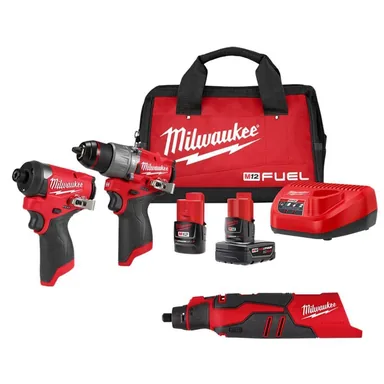 Milwaukee 2525-20-3497-22, bundle: M12 12V Lithium-Ion Cordless Brushless Rotary Tool with M12 Hammer Drill and Impact Driver Combo Kit