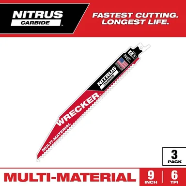 Milwaukee 48-00-5372, accessory: 9 in. 6 Teeth Per Inch WRECKER Nitrus Carbide Teeth Multi-Material Cutting SAWZALL Reciprocating Saw Blade (3-Pack)