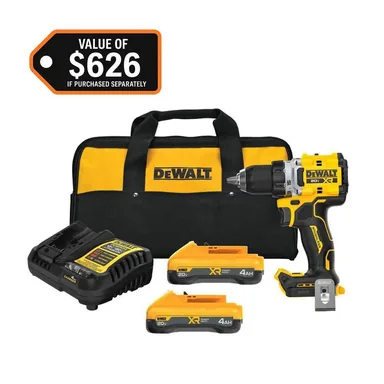 DeWalt DCD801QQ2, kit: 20V XR Lithium-Ion Cordless Brushless 1/2 in. Drill/Driver Kit with (2) 4.0 Ah Batteries and Charger (photograph from the Home Depot listing)