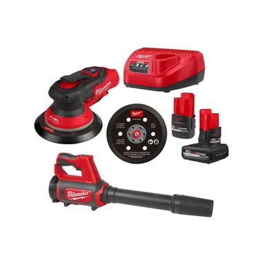Milwaukee 2584-22CX-0852-20, bundle: M12 FUEL 12-Volt Li-Ion Brushless Cordless 6 in. Random Orbital Sander Kit (3/32 in) w5. 0Ah, 2. 5Ah Batteries, &Blower
