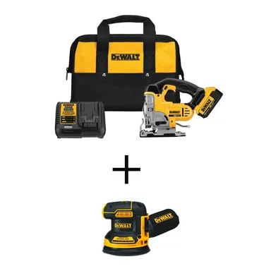 DeWalt DCS331M1WDCW210, bundle: 20V MAX Cordless Jig Saw Kit, 20V Brushless 5 in. Random Orbital Sander, and (1) 20V 4.0Ah Battery