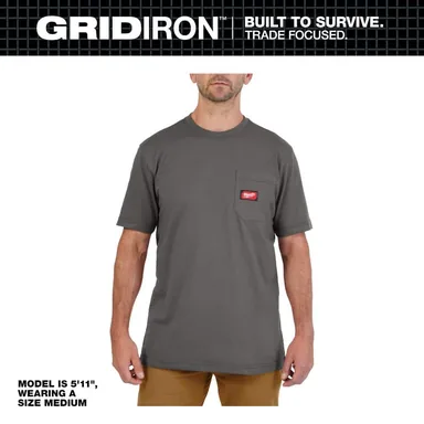 Milwaukee 605G-L, unpowered: Men's Large Gray GRIDIRON Cotton/Polyester Short-Sleeve Pocket T-Shirt (photograph from the Home Depot listing)