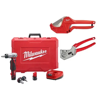 Milwaukee 2432-22-48-22-4215-48-22-4204, bundle: M12 Cordless ProPEX Expansion Tool Kit with (2) 1.5Ah Batteries, (3)Expansion Heads, 2-3/8 in. and 1 in. Pipe/PEX Cutter