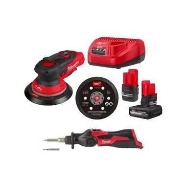 Milwaukee 2584-22CX-2488-20, bundle: M12 FUEL 12-Volt Li-Ion Brushless Cordless 6 in. Random Orbital Sander Kit (3/32 in) w Batteries, &Soldering Iron