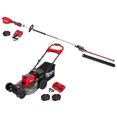 Milwaukee 3035-21-2823-22HD, bundle: M18 FUEL 18V 24 in. Brushless Cordless Battery Extended Pole Articulating Hedge Trimmer Kit w/ M18 Self-Propelled Mower