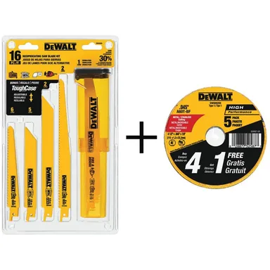 DeWalt DW4899W8062B5, accessory: Bi-Metal Reciprocating Saw Blade Set with Case (16-Piece) with Bonus 4-1/2 in. Metal and SS Cutting Wheel (5-Pack)