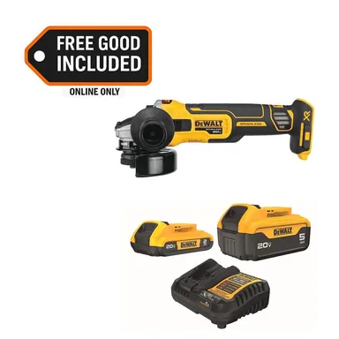 DeWalt DCG405BWB225-2C, bundle: 20V MAX XR Lithium-Ion Cordless Brushless 4.5 in. Slide Switch Small Angle Grinder with 5 Ah & 2 Ah Batteries & Charger
