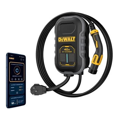 DeWalt DXPAEV040CP-TL, standalone tool: Level-2 Compact Tesla EV Charger up to 40 Amps, 240-Volt AC 9.6 Kw, NEMA 14-50 Plug, 20 ft. Cable, Weatherproof, NACS