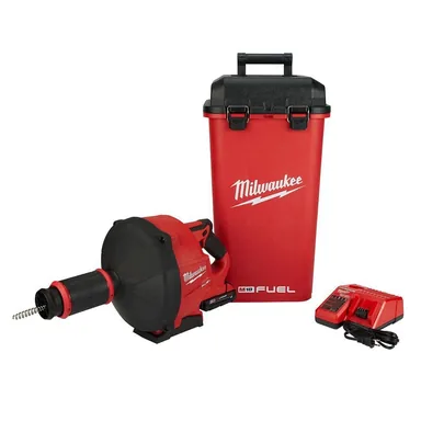 Milwaukee 2772A-21, kit: M18 FUEL 18-Volt Lithium-Iron Cordless Plumbing Drain Snake Auger Kit with w/ CABLE DRIVE & 5/16 in. x 35 ft. Cable (photograph from the Home Depot listing)