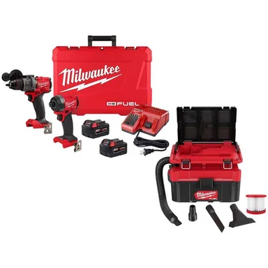 Milwaukee 3697-22-0970-20, bundle: M18 FUEL 18V Lithium-Ion Brushless Cordless Hammer Drill/Impact Driver Combo Kit w/M18 Packout 2.5 Gal Wet/Dry Vacuum
