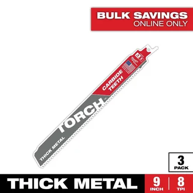 Milwaukee 48-00-5302, accessory: 9 in. 8 TPI TORCH Carbide Teeth Thick Metal Cutting SAWZALL Reciprocating Saw Blade (3-Pack)