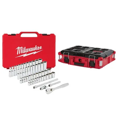 Milwaukee 48-22-9004-48-22-8424, bundle: 1/4 in. Drive SAE/Metric Ratchet and Socket Mechanics Tool Set (50-Piece) with PACKOUT 22 in. Tool Box