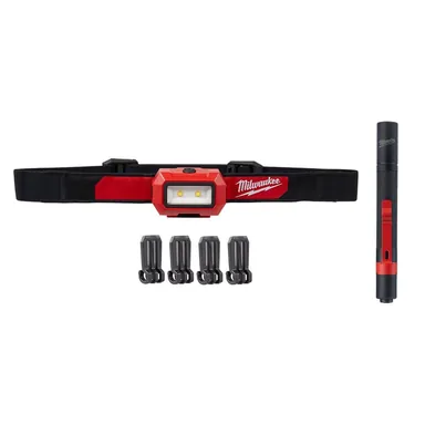 Milwaukee 2103PEN, unclassified: 350 Lumens LED Headlamp and 100 Lumens Aluminum Pen Light with Clip (photograph from the Home Depot listing)