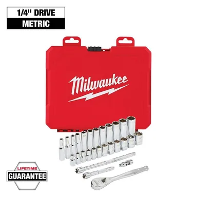 Milwaukee 48-22-9504, unpowered: 1/4 in. Drive Metric Ratchet and Socket Mechanics Tool Set (28-Piece)