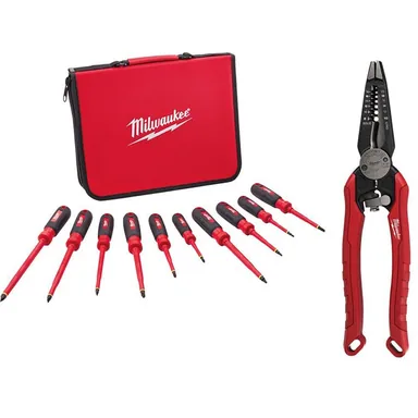 Milwaukee 48-22-2210-48-22-3078, bundle: 1000-Volt Insulated Screwdriver Set and Case with 7-in-1 Wire Strippers Pliers (10-Piece)