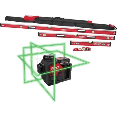 Milwaukee MLBXCM78-3632-21, bundle: Redstick Magnetic Box Level Set with Torpedo Level and M12 12-Volt Green 250 ft. 3-Plane Laser Level Kit (6-Piece)