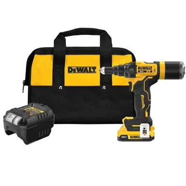 DeWalt DCF403D1, kit: 20V MAX XR Lithium-Ion Brushless Cordless 3/16 in. Rivet Tool Kit with 2.0 Ah Battery, Charger and Bag (photograph from the Home Depot listing)