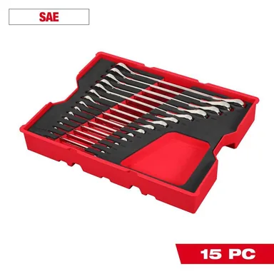 Milwaukee 48-22-0157, unpowered: SAE Ratcheting Combination Wrench Set with Tray for PACKOUT Drawers (15-Piece) (photograph from the Home Depot listing)