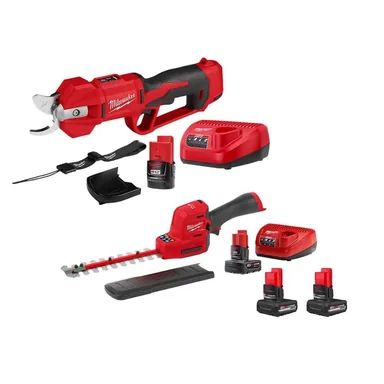 Milwaukee 2534-21-48-11-2450-2533-21-48-11-2450, bundle: M12 12V Cordless Brushless Pruner Shears Kit w 2.0 Ah Battery & Charger, M12 Hedge Trimmer Kit, (2) M12 5.0 Ah Batteries