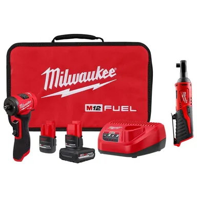 Milwaukee 3485-22-2457-20, bundle: M12 FUEL 12V Lithium-Ion Brushless Cordless 1/4 in. Right Angle Die Grinder with M12 Cordless 3/8 in. Ratchet