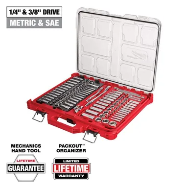 Milwaukee 48-22-9486, unpowered: 3/8 in. and 1/4 in. Drive SAE/Metric Ratchet and Socket Mechanics Tool Set with PACKOUT Case (106-Piece)