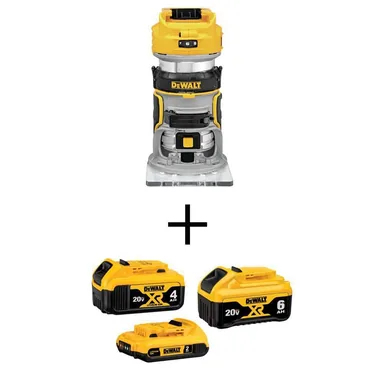DeWalt DCB346-3WCW600B, bundle: 20V MAX XR Cordless Compact Fixed Base Router, (1) 20V 6.0Ah Battery, (1) 20V 4.0Ah Battery, and (1) 2.0Ah Battery