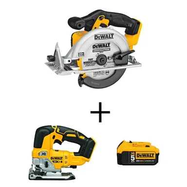 DeWalt DCS391BW334205, bundle: 20V MAX Cordless 6-1/2 in. Circular Saw, 20V Brushless Jigsaw, and (1) 20V MAX XR Premium Lithium-Ion 5.0Ah Battery