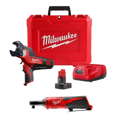 Milwaukee 2472-21XC-2457-20, bundle: M12 12V Lithium-Ion Cordless 600 MCM Cable Cutter Kit with M12 3/8 in. Ratchet (Tool-Only)