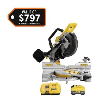 DeWalt DCS714WW1, kit: 20V MAX XR Lithium-Ion Cordless 10 in. Double Bevel Miter Saw (photograph from the Home Depot listing)