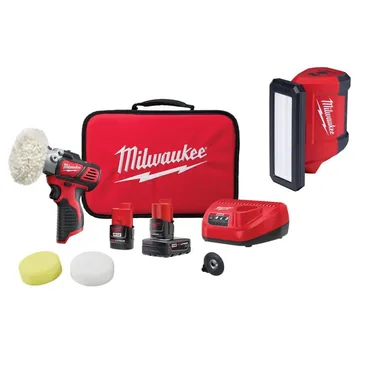 Milwaukee 2438-22X-2367-20, bundle: M12 12V Lithium-Ion Cordless Variable Speed Polisher/Sander Kit W/(2) M12 Batteries, Accessories, Charger, Bag, & Light