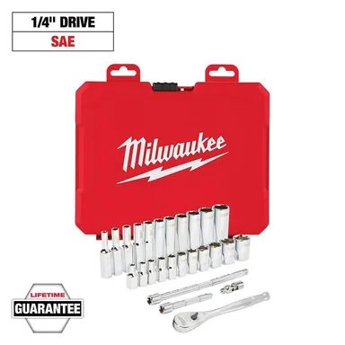 Milwaukee 48-22-9404, unpowered: 1/4 in. Drive SAE Ratchet and Socket Mechanics Tool Set (26-Piece)