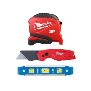 Milwaukee 48-22-1725-48-22-1500-587-24, unclassified: 25ft Compact Tape Measure, FASTBACK Compact Folding Utility Knife and (2) 9" NEON Blue Torpedo Levels