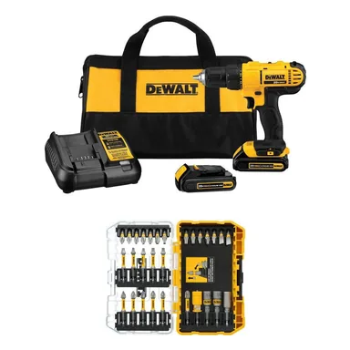 DeWalt DCD771C2W30SET, bundle: 20V MAX Lithium-Ion Cordless 1/2 in. Drill/Driver and 1/4 in. Bit Set (30-Piece) with (2) 1.3Ah Batteries, Charger & Bag