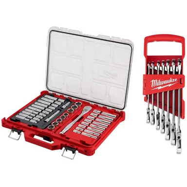 Milwaukee 48-22-9487-48-22-9429, bundle: 1/2 in. Drive SAE/Metric Ratchet & Socket Tool Set w/ FlexHead Ratcheting Combination Wrench Set SAE (54-Piece)